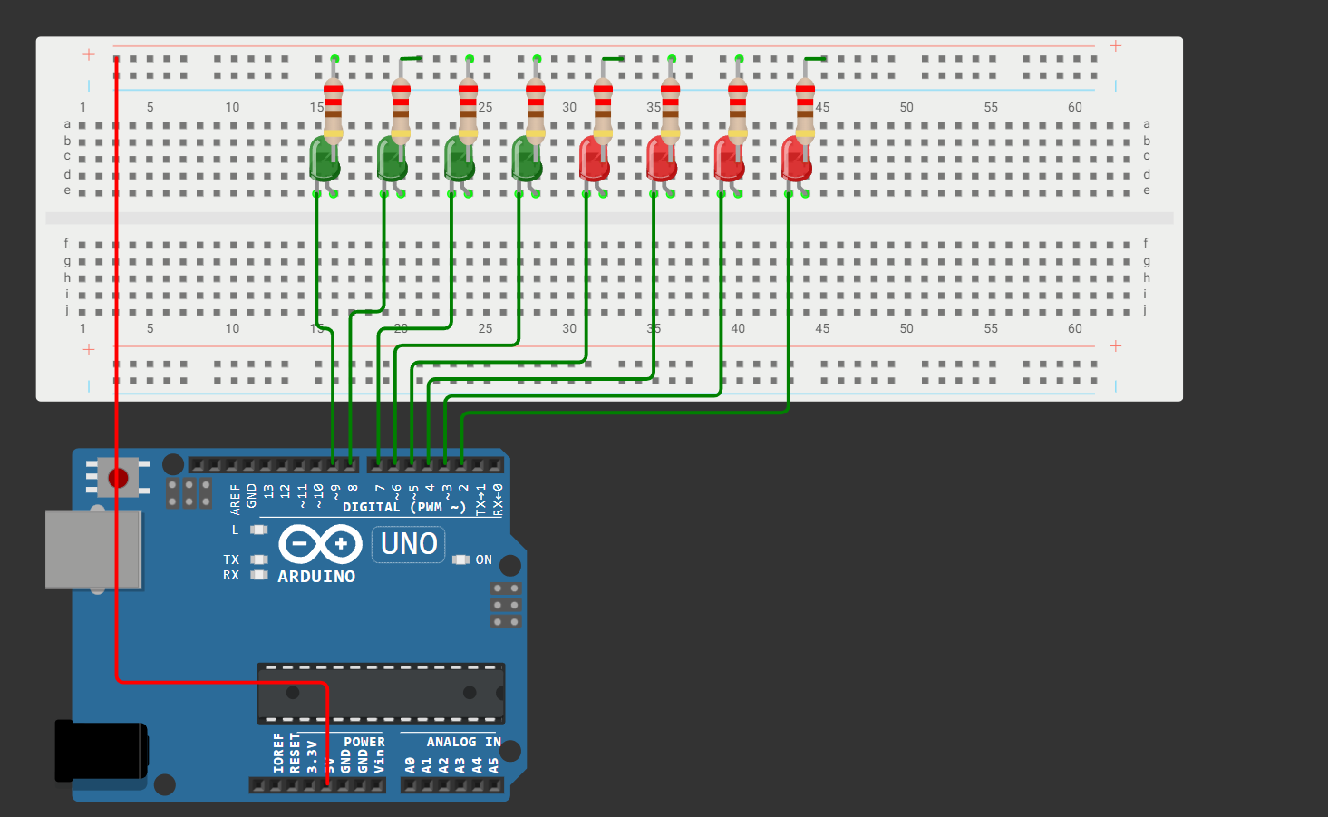 Schema: 8 LEDs connected to Arduino UNO R4 on pins 2 through 9