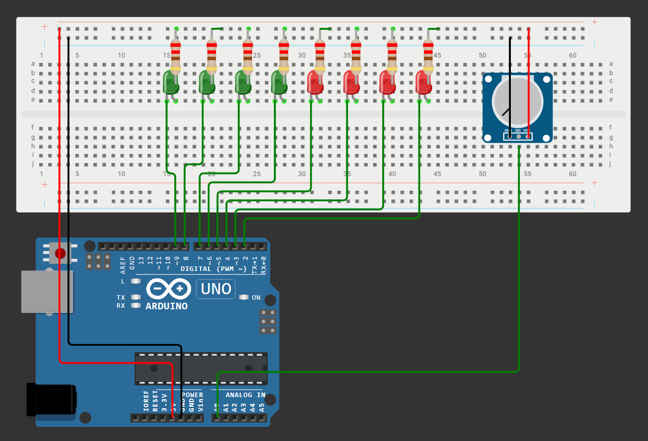 Schema: 8 LEDs and potentiometer connected to Arduino UNO R4