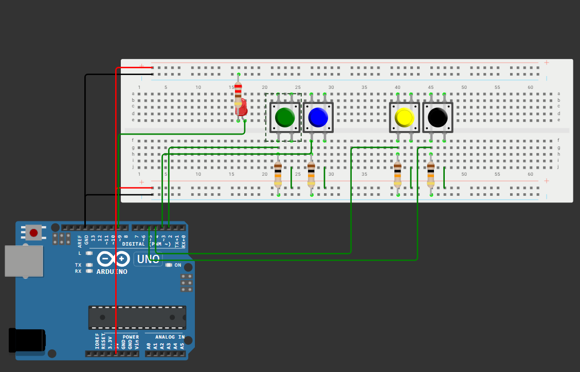 Schematic: 4 push buttons and 1 LED connected to Arduino UNO R4